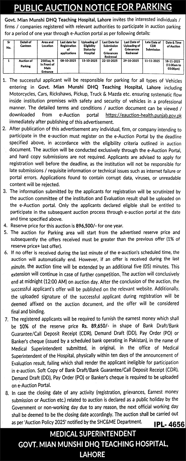Govt Mian Munshi DHQ Teaching Hospital Lahore Tender Notice